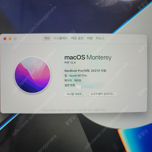 맥북m1 프로 2021년형 16인치 16기가 + 키스킨 + 애플 마우스 + 충전기 박스포함
