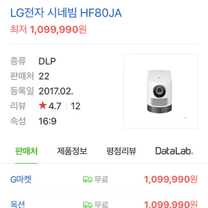 LG시네빔 HF80JA 빔프로젝터