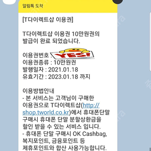 SKT 티다이렉트샵 10만원 이용권 / T다이렉트샵 10만원 이용권