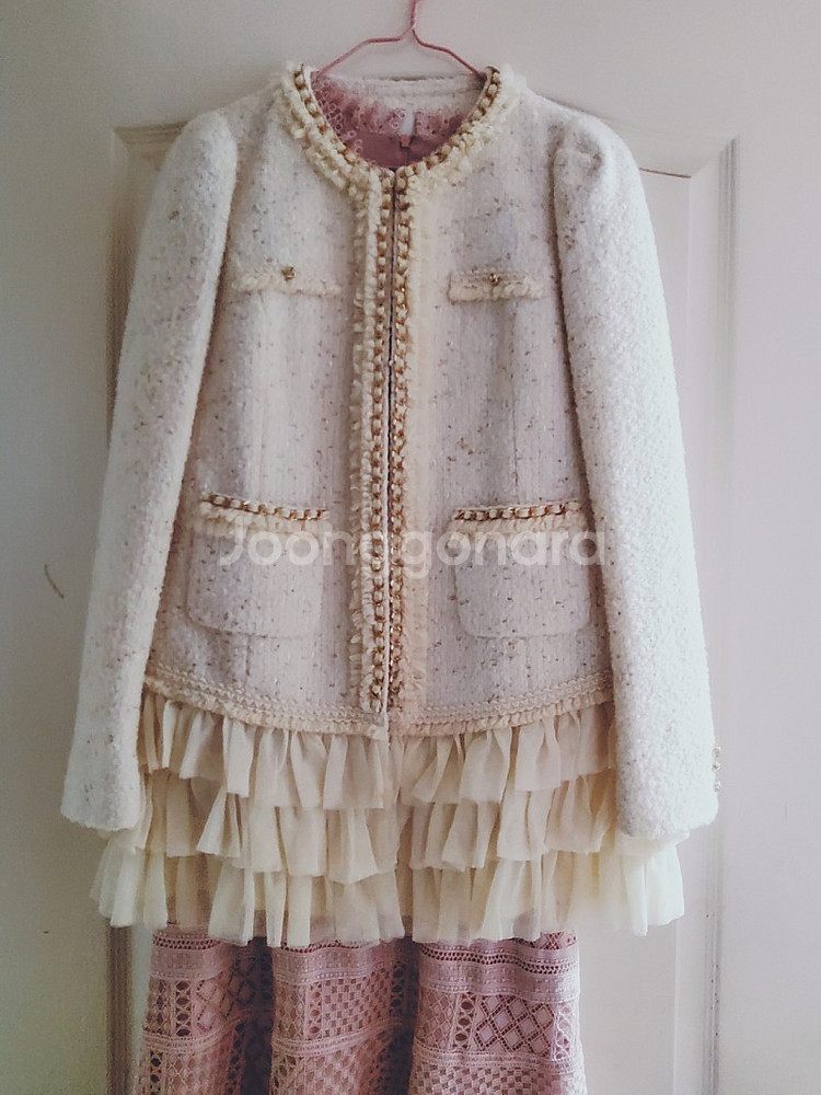 레니본 샤넬 체인 레이스 캉캉 트위드 코트--0