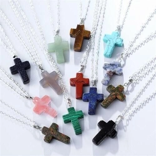 새 아이보리색 십자가 자연석 오팔 목걸이 합금 석재 펜던트 기독교 천주교 종교 성당 교회 데일리 패션 레이어드 선물 이미지