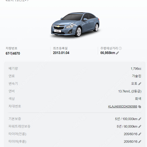 쉐보레 크루즈 2013년식 1.8 7만8천