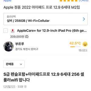 S급 펜슬포함+256셀룰러 12.9 6세대 아이패드 프로 급처