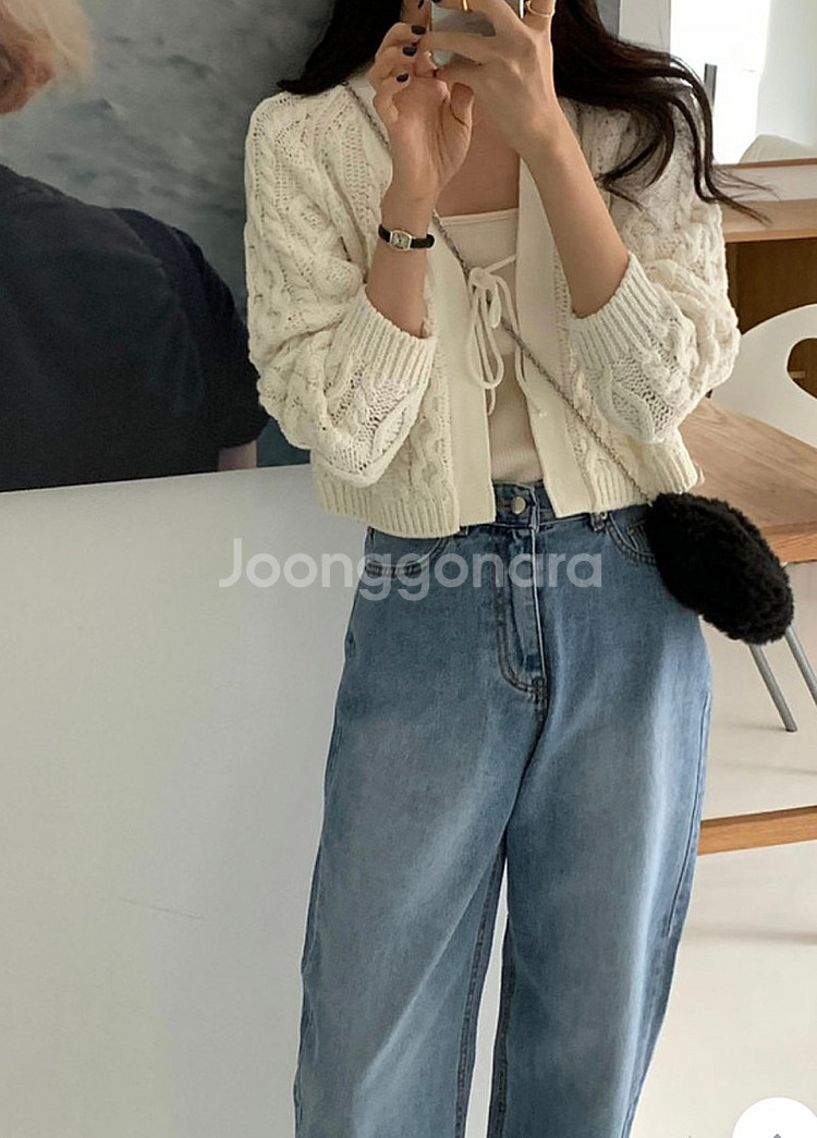 comehere 컴히얼 리본 코튼 꽈배기 가디건 케이블...--1