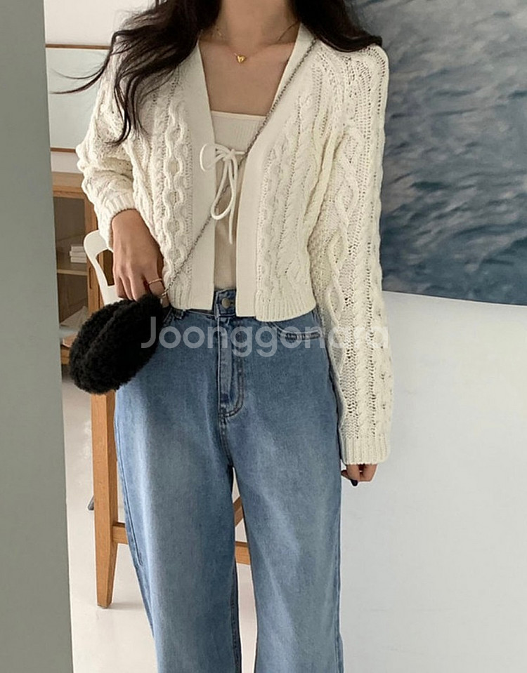 comehere 컴히얼 리본 코튼 꽈배기 가디건 케이블...--3