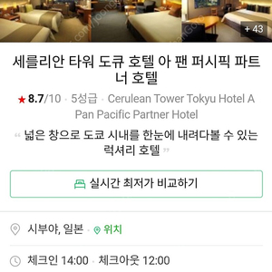 도쿄 시부야 세룰리안타워 도큐호텔 3/30~31(1박) 더블룸 양도