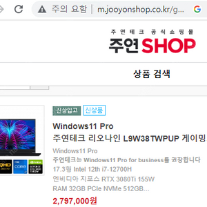 주연테크 리오나인 L9W38TWPUP Windows11 Pro 게이밍노트북 (완박스 포장)