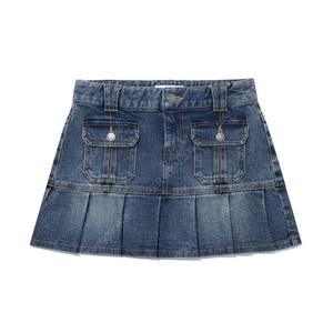 키르시 PLEATS DENIM MINI SKIRT DARK BLUE