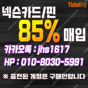 [티켓페이] 넥슨카드/ 넥슨핀 / 넥슨캐시 / 넥슨캐쉬 85% 구매합니다.