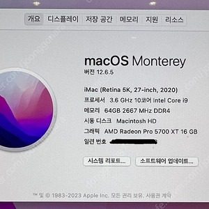 아이맥 27인치 i9 3.6GHz 10코어 64GB 5700XT 16GB 1TB 애플케어O(24.09.16)