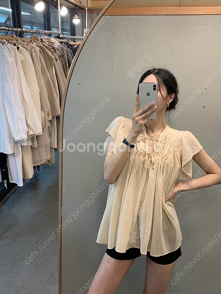 인프젯 리본 주름 셔링 브이넥 프릴 플레어 블라우스 정...--0