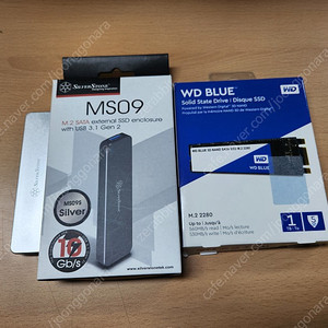 WD BLUE M.2 2280 3D NAND SSD 1TB와 SILVER STONE MS09 m.2 인클로저 (m.2 ssd 외장하드) 팝니다.