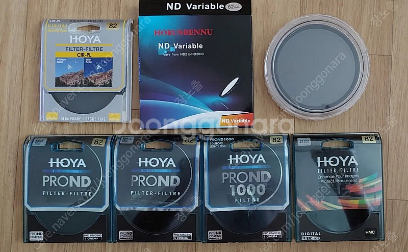 호야 ND 필터, 82mm ( 8, 64, 400, 1000) 4개. 호루스벤누 ND2~2000 가변필터 82mm....--0