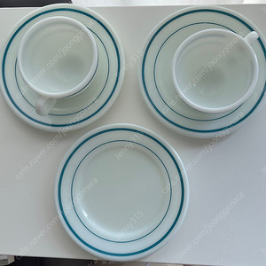 파이렉스 밀크글라스 블루밴드 커피잔+접시 이미지