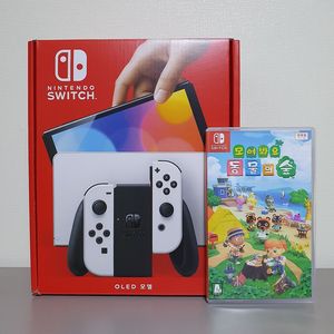 [운포] 상태 S급 닌텐도 스위치 OLED 모델 화이트&블랙 + 모여봐요 동물의 숲 + 액세서리