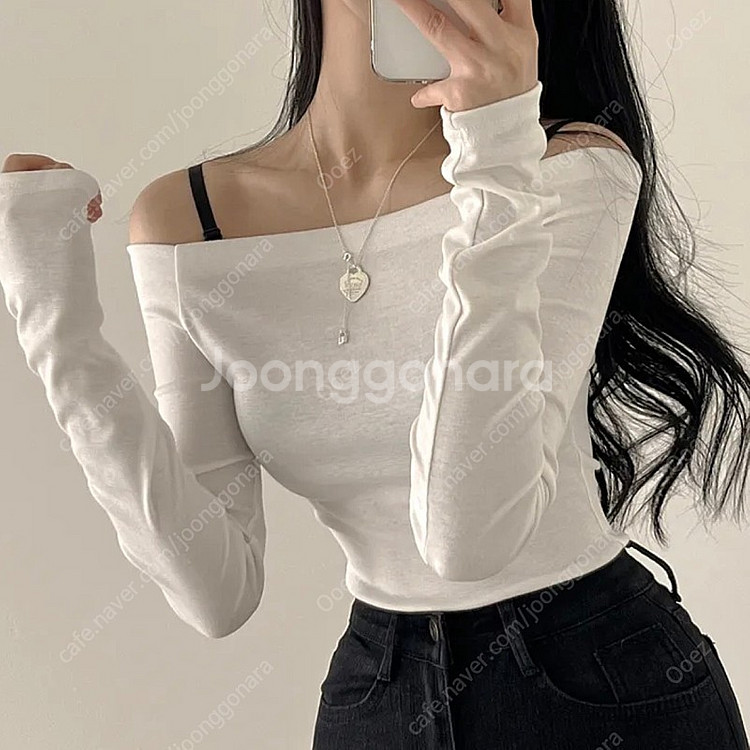 에이블리 앤드모어 오프숄더 슬림핏 긴팔 티셔츠 화이트 ...--0