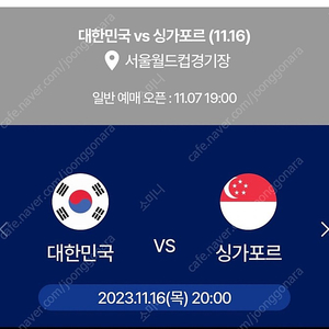 11월 16일 대한민국 대 싱가포르 축구 1등석 B 2연석