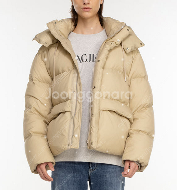 플랙 디터쳐블 후드 다운 점퍼 베이지 패딩 L 사이즈--0