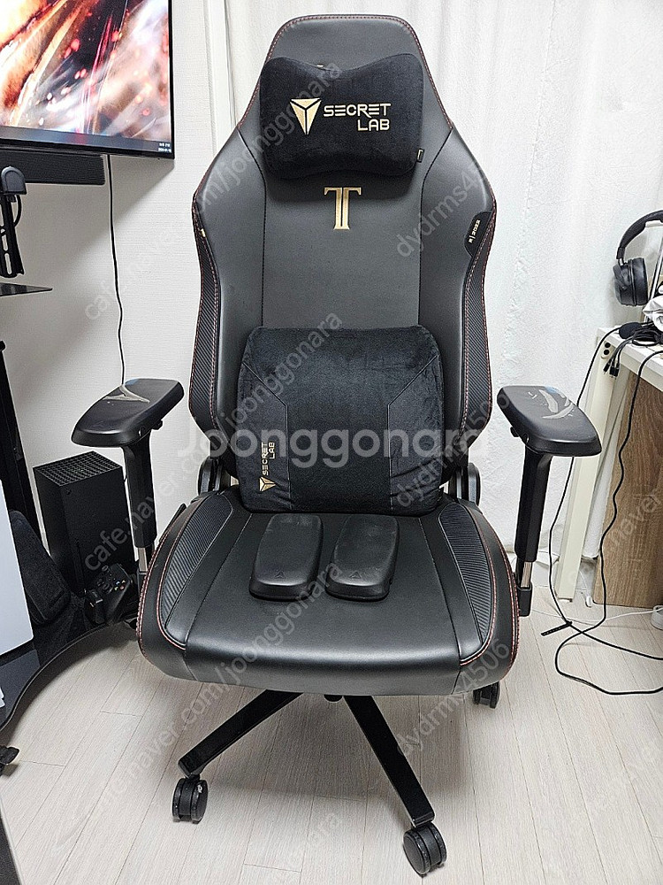 시크릿랩 타이탄 에보2022 스텔스 가죽 R 사이즈 게이밍 의자 + 럼버 필로우 프로 + 테크노젤 암레스트--0