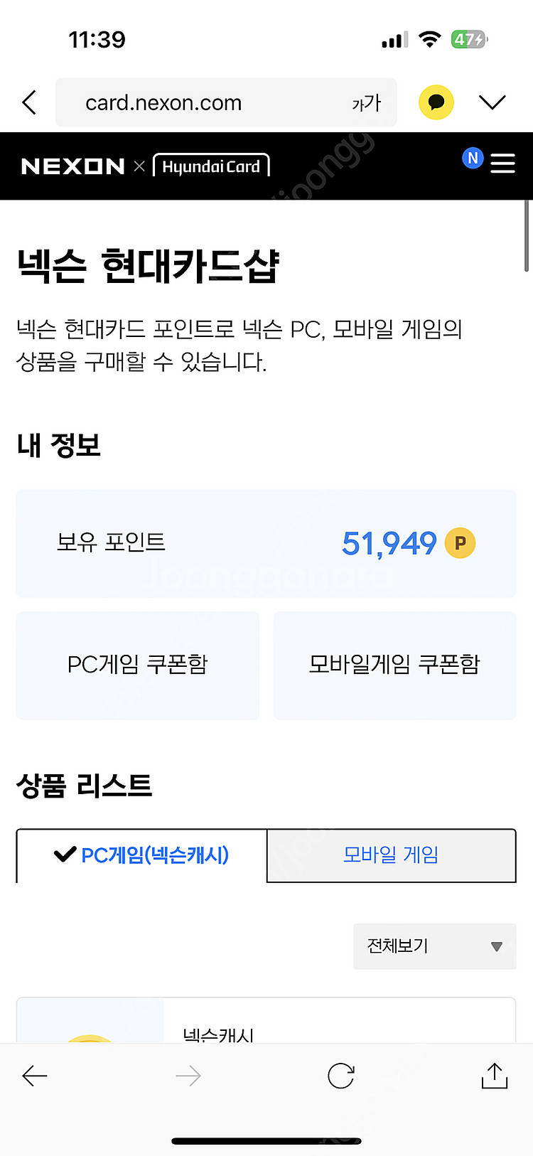 넥슨캐시 124,000점 판매해요 (109,000원) ...--0