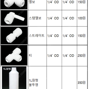 정수기 피팅 류 및 1L 원형 액체용기 팝니다.