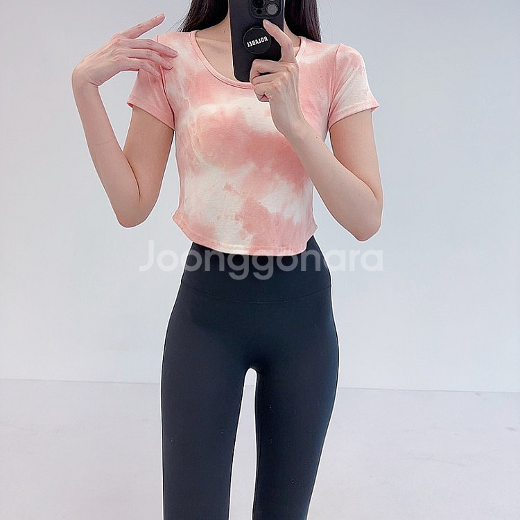 (새상품) 로라벨 포야 나염 크롭 반팔 티셔츠, 피치핑크 / 필라테스복 요가복--2