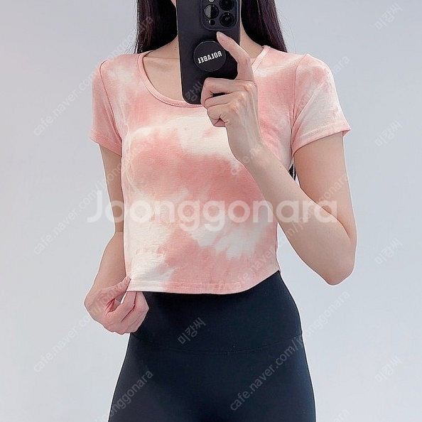 (새상품) 로라벨 포야 나염 크롭 반팔 티셔츠, 피치핑크 / 필라테스복 요가복--0