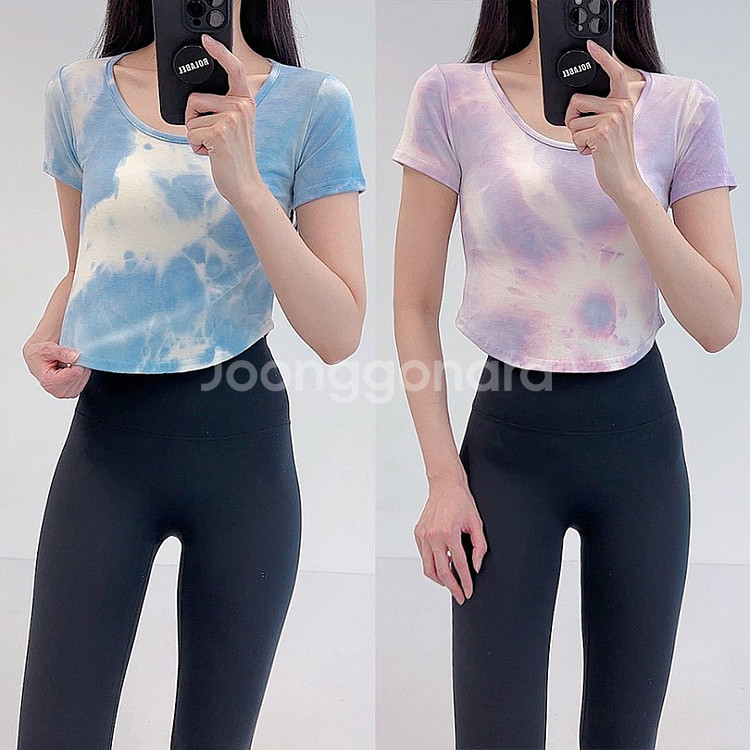 (새상품) 로라벨 포야 나염 크롭 반팔 티셔츠, 피치핑크 / 필라테스복 요가복--4