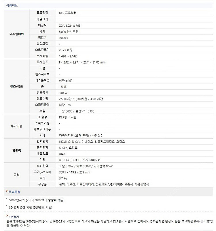벤큐 빔프로젝터 benq sx912 5000안시 (S급...--0