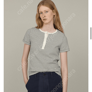 로우 반팔티 Ribbed button tee_ivory/navy stripe