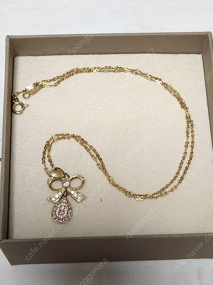 14k 옐로우 골드 리본 핑크 팬던트 목걸이 판매 이미지