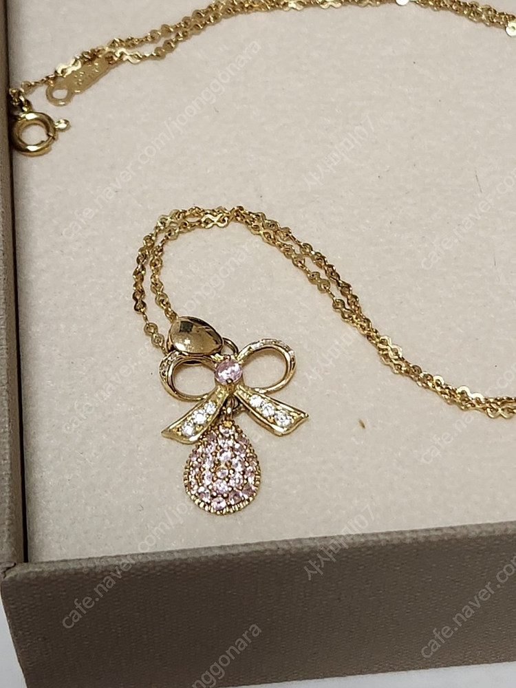 14k 옐로우 골드 리본 핑크 팬던트 목걸이 판매 이미지