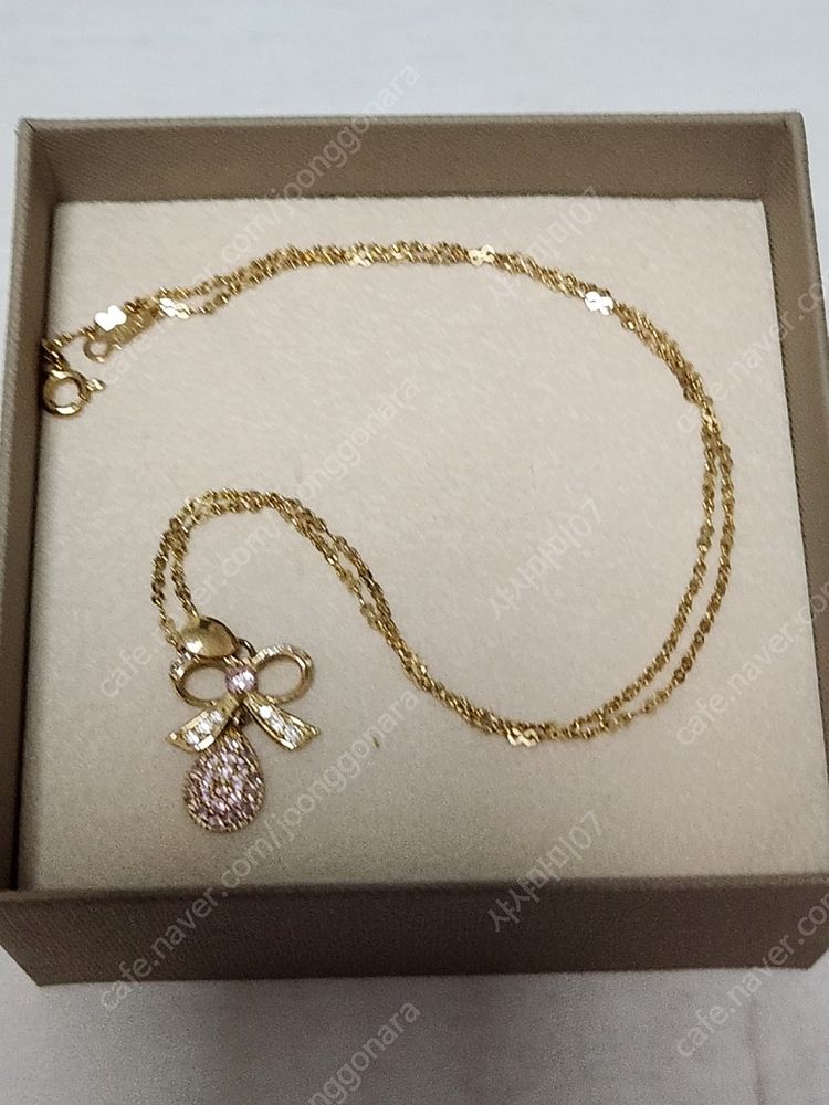 14k 옐로우 골드 리본 핑크 팬던트 목걸이 판매 이미지