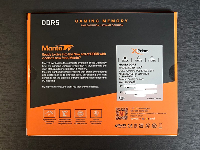 V-Color Manta DDR5-7200 CL36 RGB 48GB 신품 제이씨현 판매합니다. 이미지
