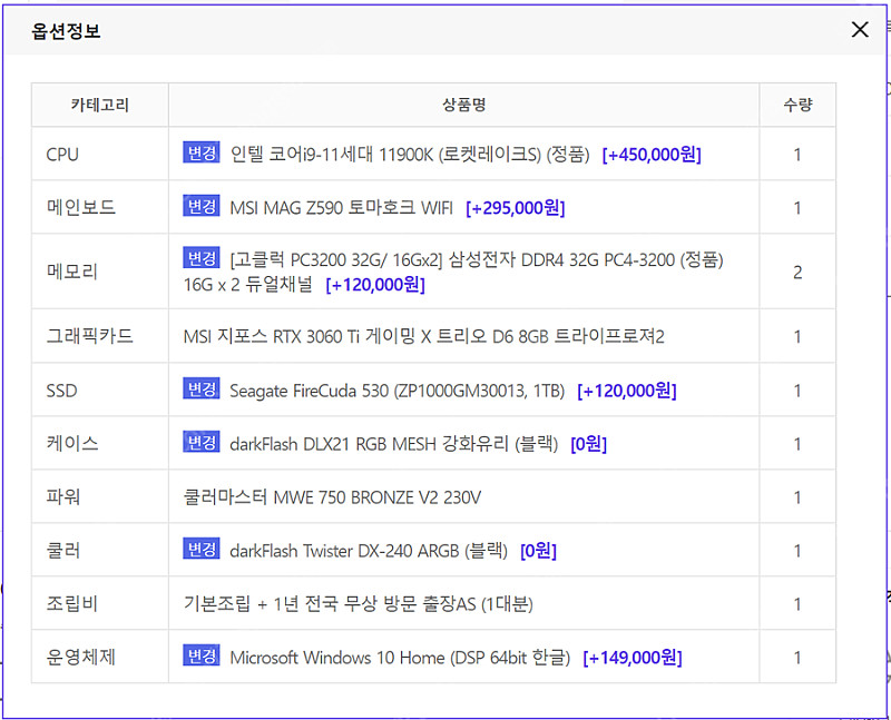 최상급 인텔 i9 11900k / MSI Z590 토마호크 / 지포스 3060TI / 삼성 DDR4 64G 램 / ...--1