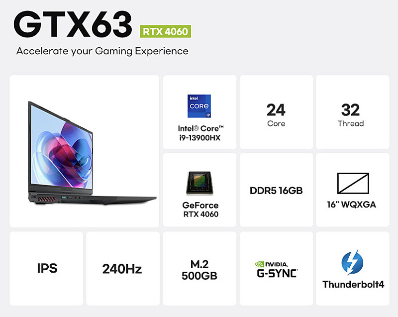 한성컴퓨터 Bossmonster GTX63 T9X6Q16 (인텔 13세대 i9 RTX4060 16인치 240Hz 게... 이미지