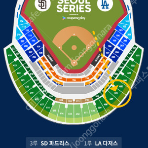[ 최저가 ] MLB 월드투어 시리즈 LA다저스 vs 샌디에이고 개막전 2차전 [ 4층지정석A(1루) 406구역 / 2연석 ]