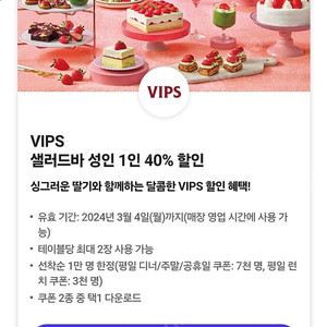 빕스 VIPS 샐러드바 성인 1인 40% 할인(평일 디너/주말/공휴일) 5000