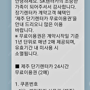 Sk렌터카 제주 24시간 무료 이용권 2매