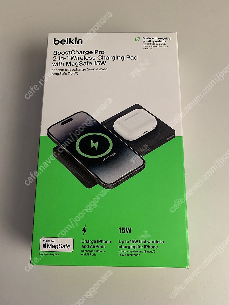 벨킨 부스트업 프로 2 in 1 맥세이프 15W 무선 충전기 충전 패드 WIZ019BT