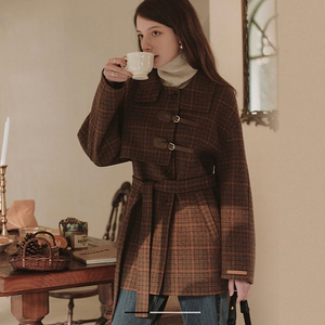 르니나 브라운 체크 코트 JOANNE wool half check coat _brown lenina