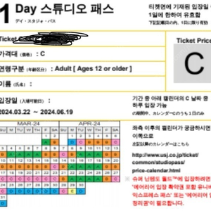 유니버셜재팬 C구간 성인용티켓 2장