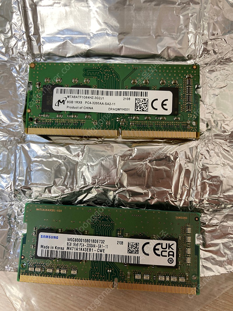 (마이크론, 삼성) 노트북용 RAM DDR4 3200 8GB, 합 2개 팝니다.