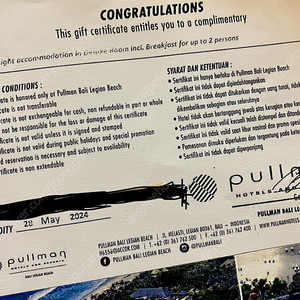 발리 5성 호텔 "Pullman Bali Legian Beach" 5일 연속 사용 바우처 판매(사용기한24년5월28일)