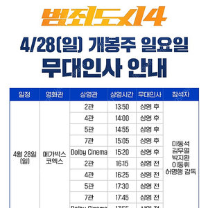 [메가박스 코엑스/범죄도시4-무대인사] 04월28일(일) 중앙블럭 2연석 정가양도