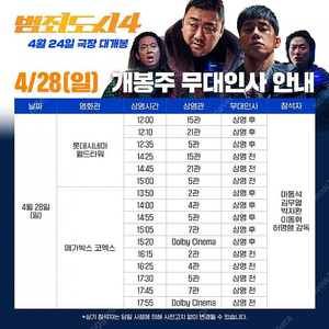 4/28 (일) 메가박스 코엑스 '범죄도시4' 시사회 연석 정가양도 합니다.