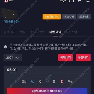 5월1일 야구 경기 1루네이비 두산 vs 삼성 (네이비 4연석 어른2+어린이2) 정가 장당13000원