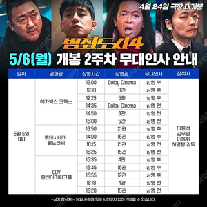 [무대인사]범죄도시 B열 정중앙 2연석 5월 6일 코엑스 메가박스