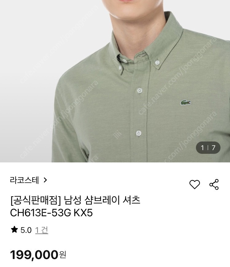 라코스테 샴브레이 면100% 셔츠 남방 XL(105-110) 카키. 폴로 빈폴