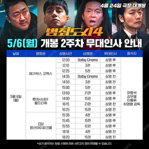 5/6 범죄도시4 무대인사 용산 18:20 F열 중블 2~4연석